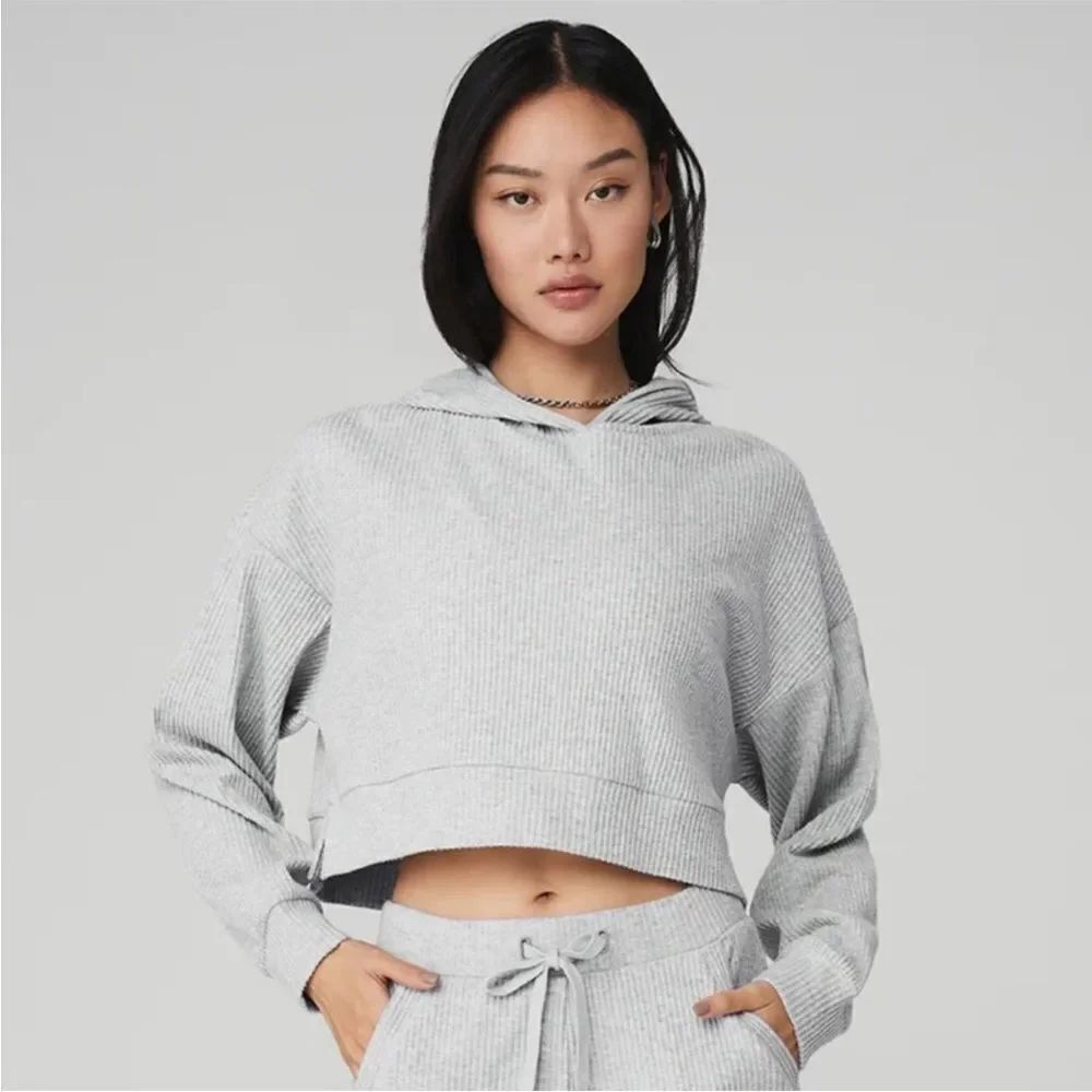 Alo Muse Gray Ribbed Soft CroppedāHoodie Women Size S